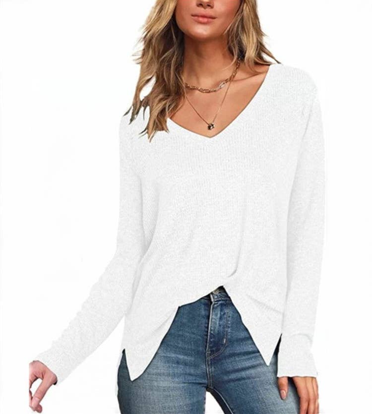 V-NECK LONG-SLEEVED SOLID COLOR PULLOVER BASE