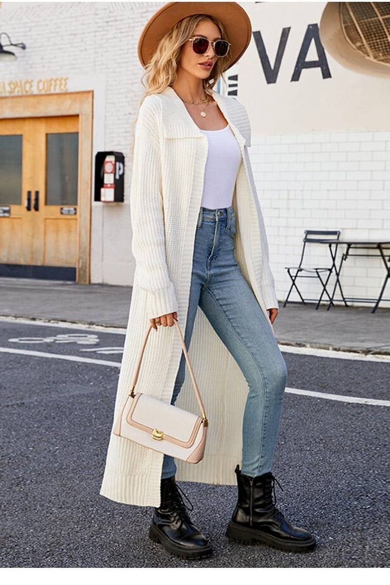 CWOCAL0753_SOLID COLOR LAPEL LONG SWEATER KNITTED CARDIGAN