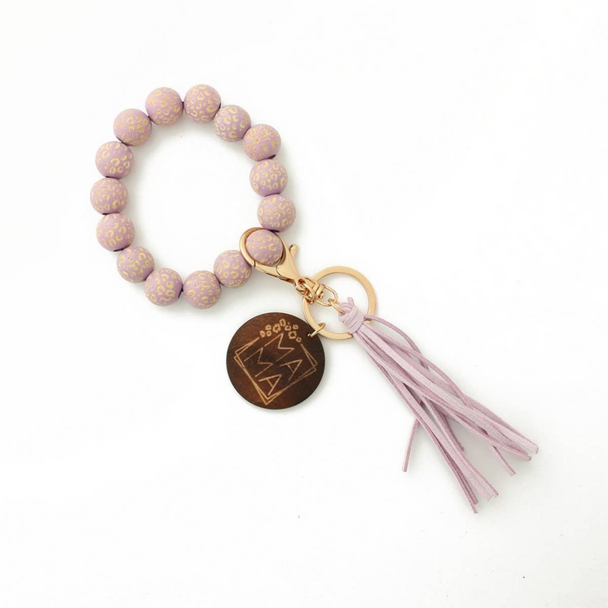 Leopard Wood Bead Bracelet with Tassel Keychain_CWAB5107