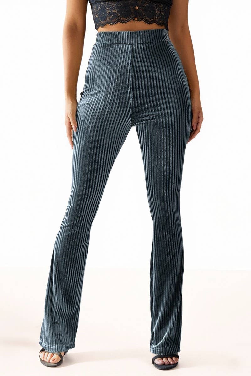 CWBLP00948_CASUAL STRIPED FLARED RIBBED SLIM FIT PANTS