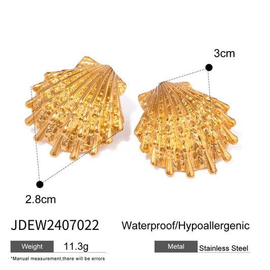 18K GOLD OCEAN STYLE SHELL RIBBED EARRINGS_CWASC1665