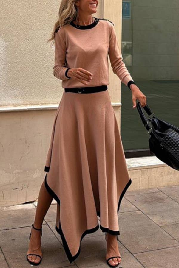 LONG SLEEVE IRREGULAR SOLID COLOR SKIRT SET
