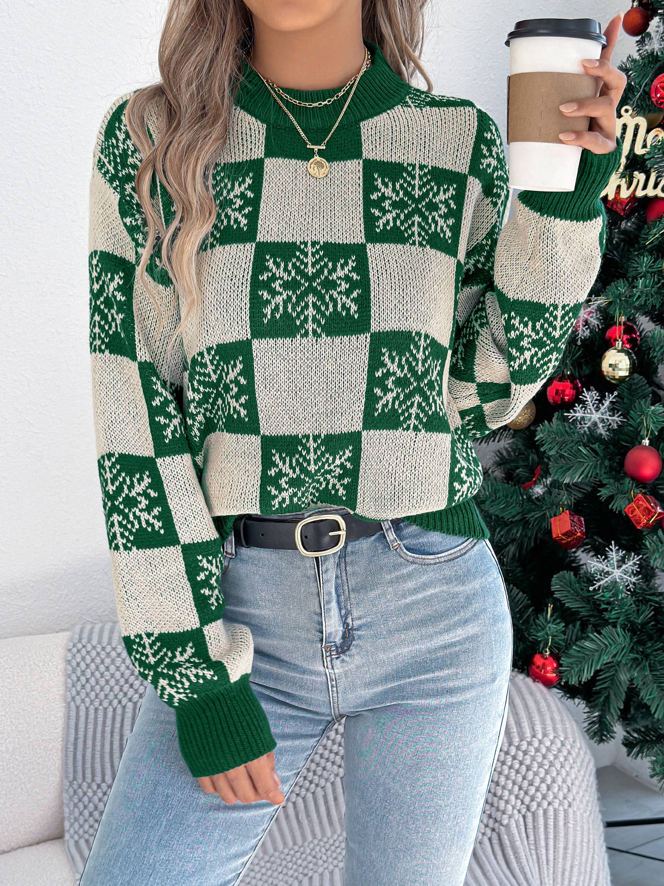 Snowflake checkered lantern long-sleeved sweater