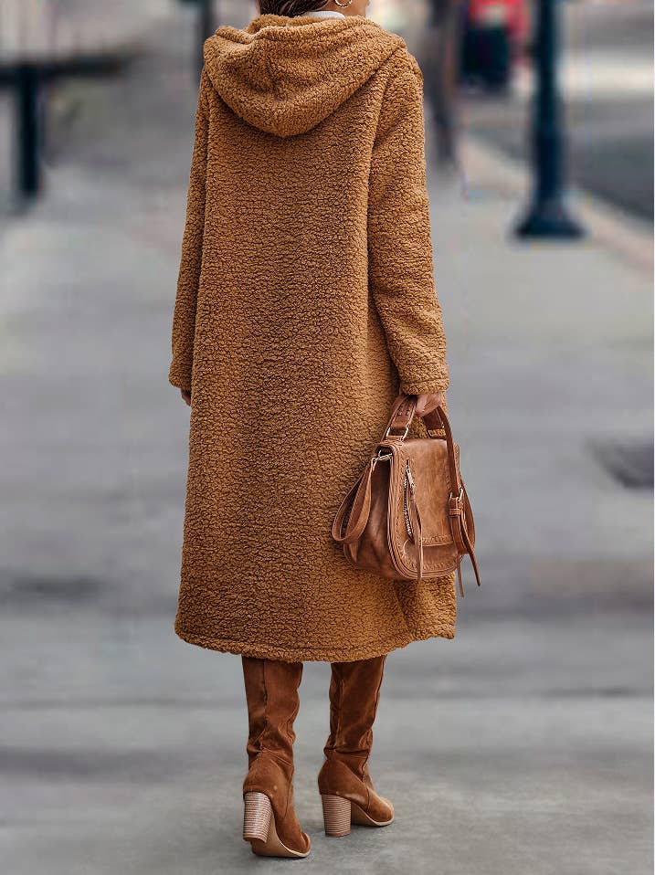 SOLID COLOR LONG-SLEEVED PLUSH HOODED JACKET