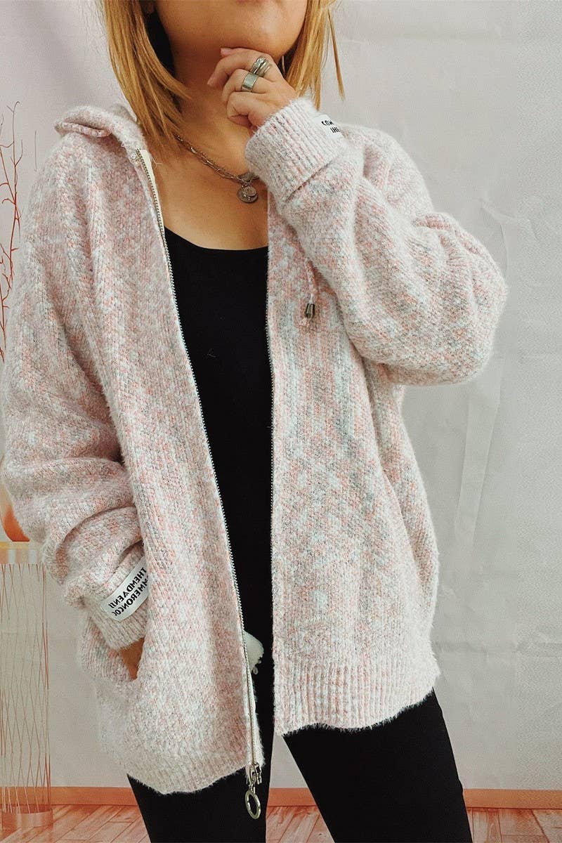 Hooded drawstring zipper pocket knit cardigan
