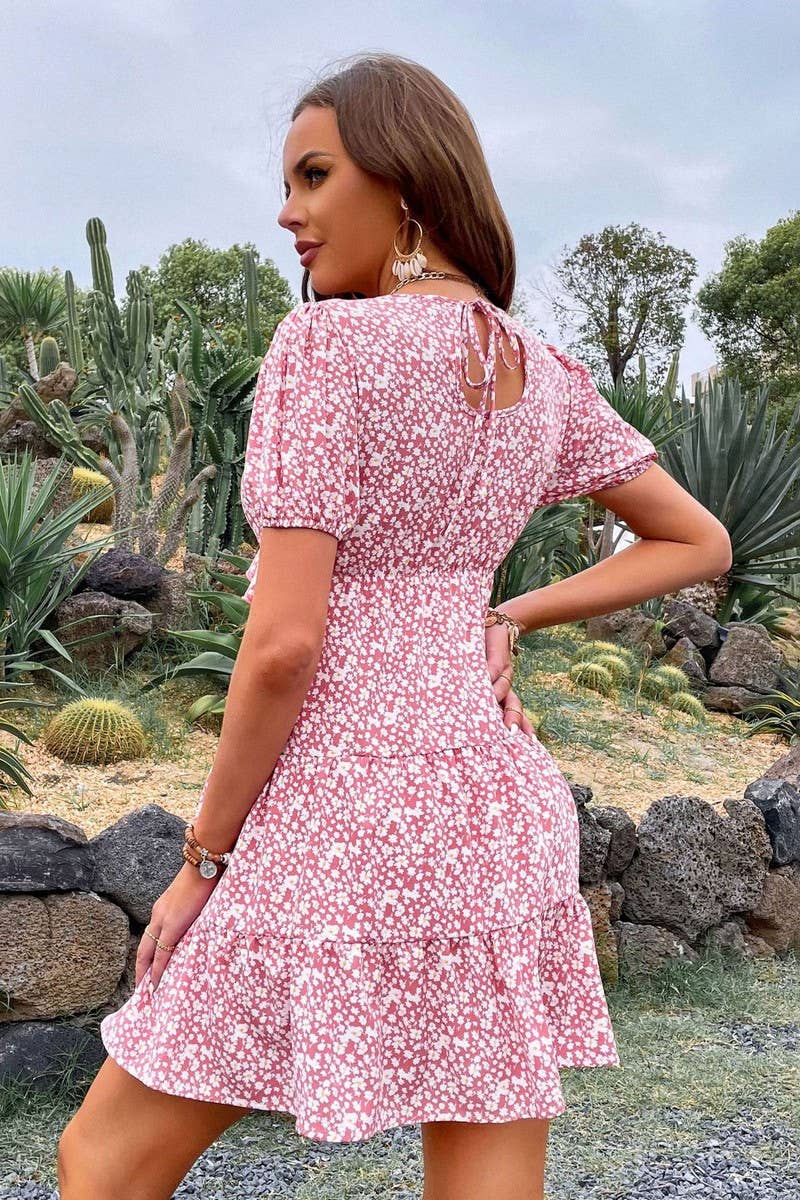 CWDSD8308_FLORAL PUFF SLEEVE V-NECK FRENCH STYLE DRESS