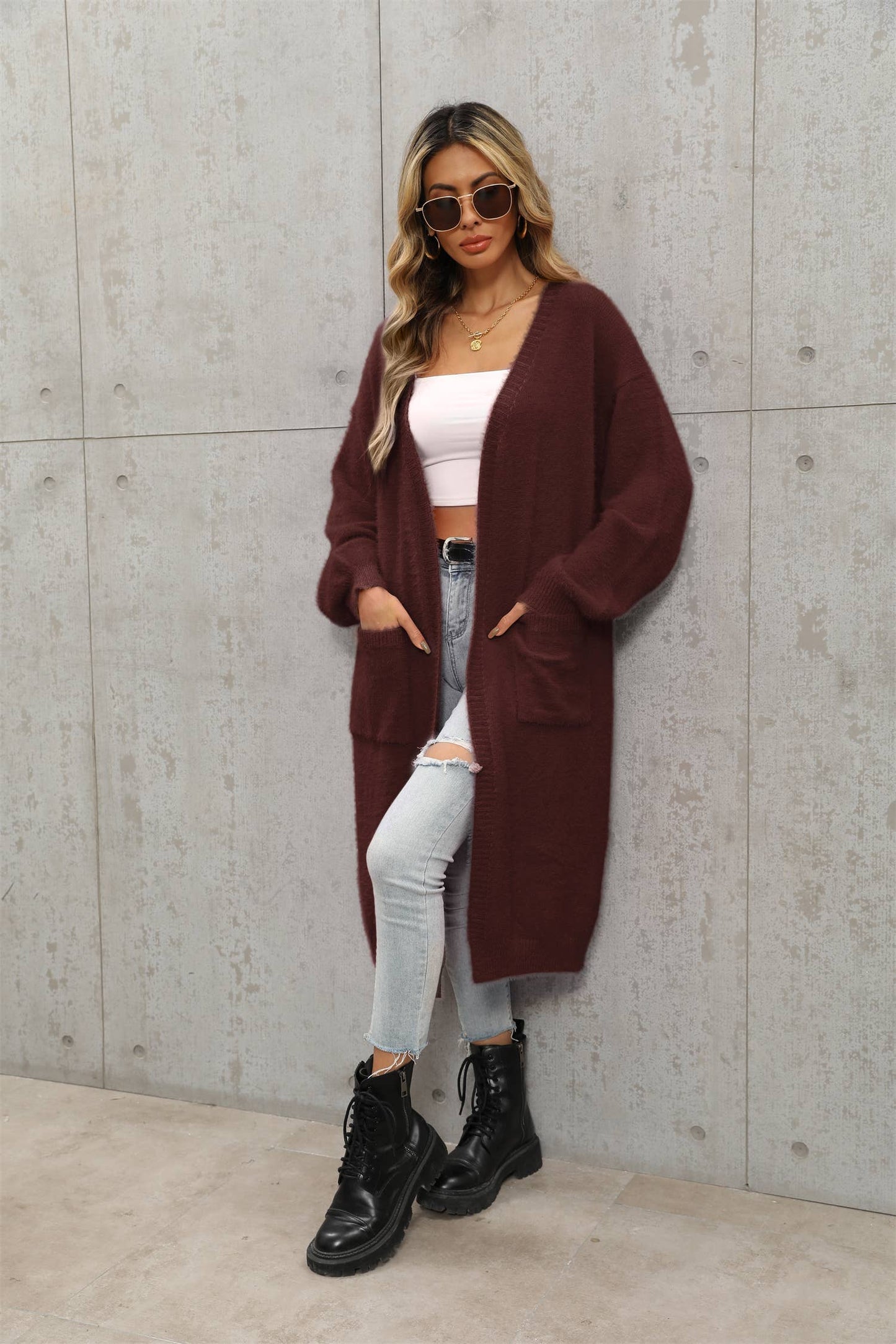 Solid color high-grade unbuttoned long cardigan