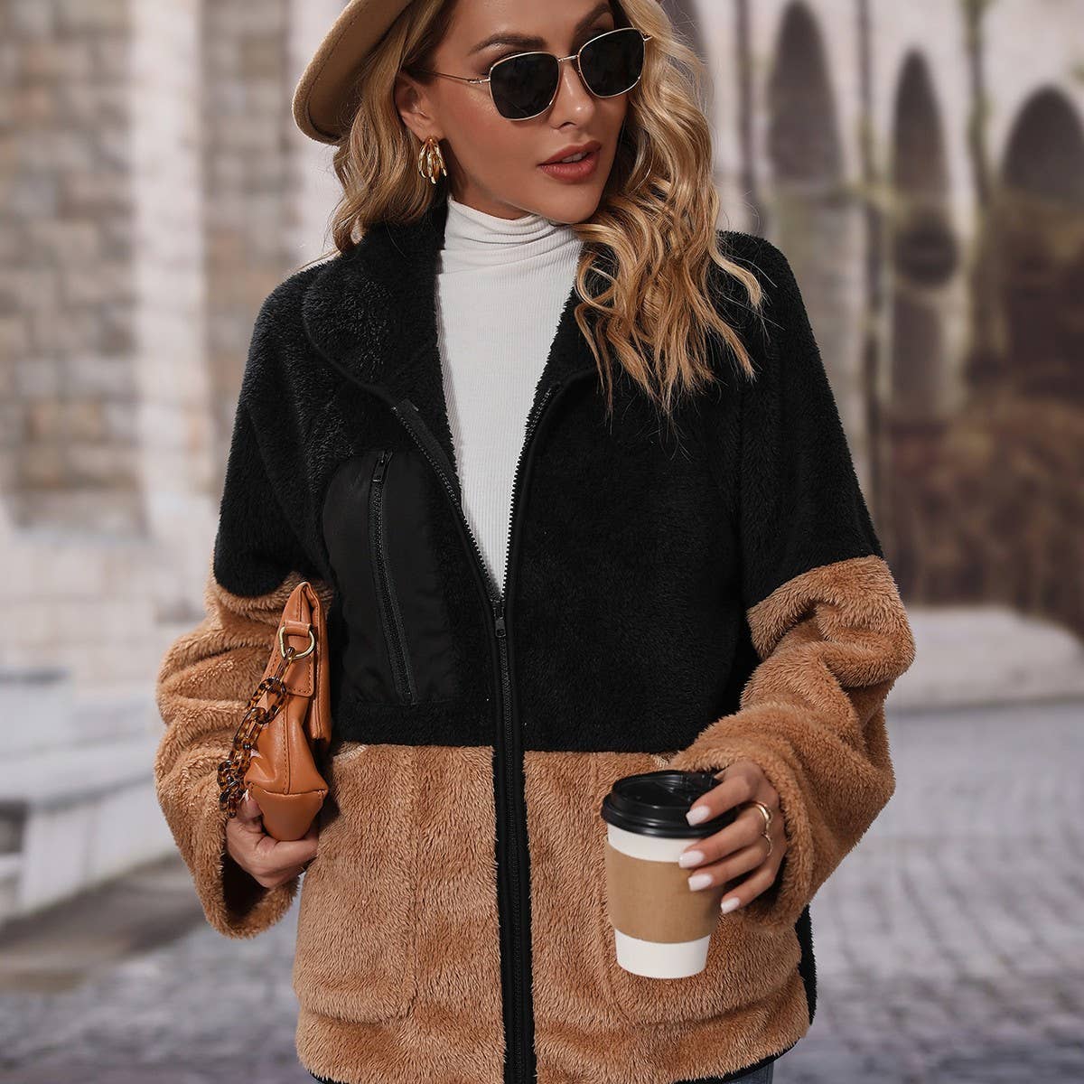 Lapel long sleeve zipper fleece jacket