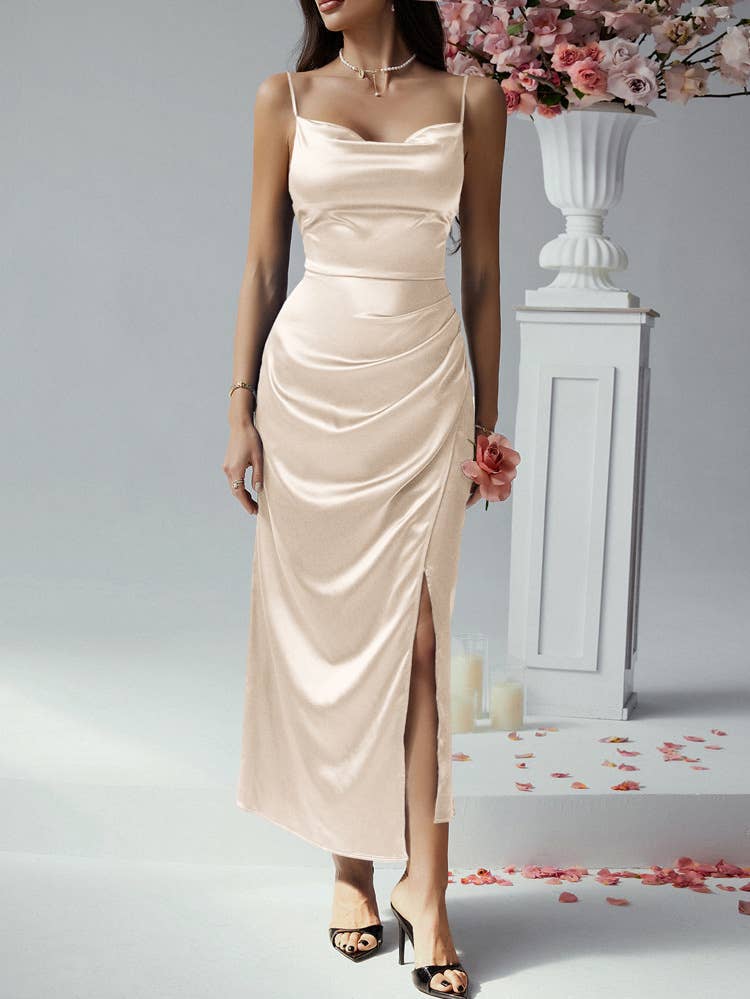 Sexy Satin Cowl Neck Bodycon Maxi Slip Dress