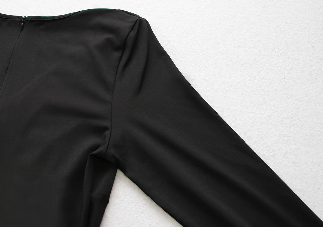 LONG SLEEVE V-NECK WAIST PLEATED LONG DRESS