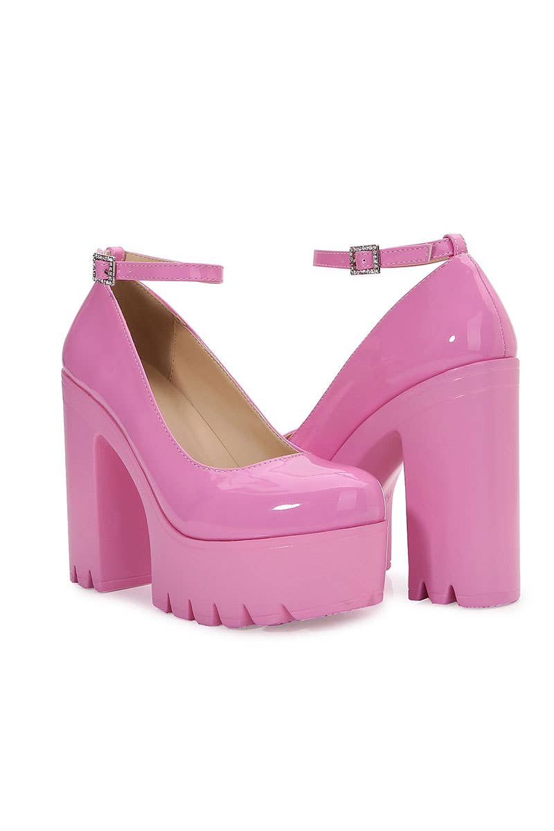 WOMEN PINK CHUNKY HEELED ANKLE STRAP ROUND PUMPS