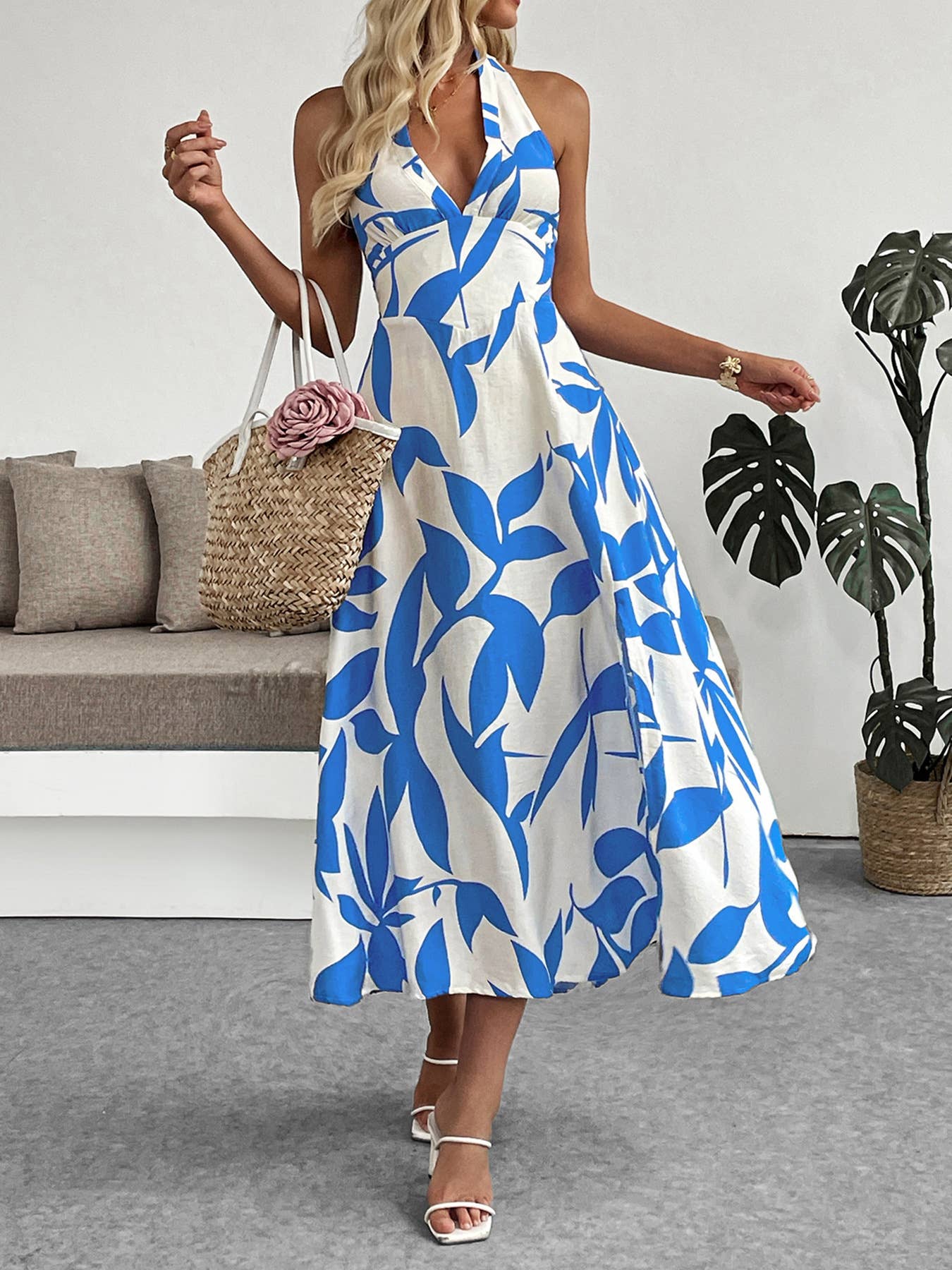 Plant print vacation-style halter-neck dress