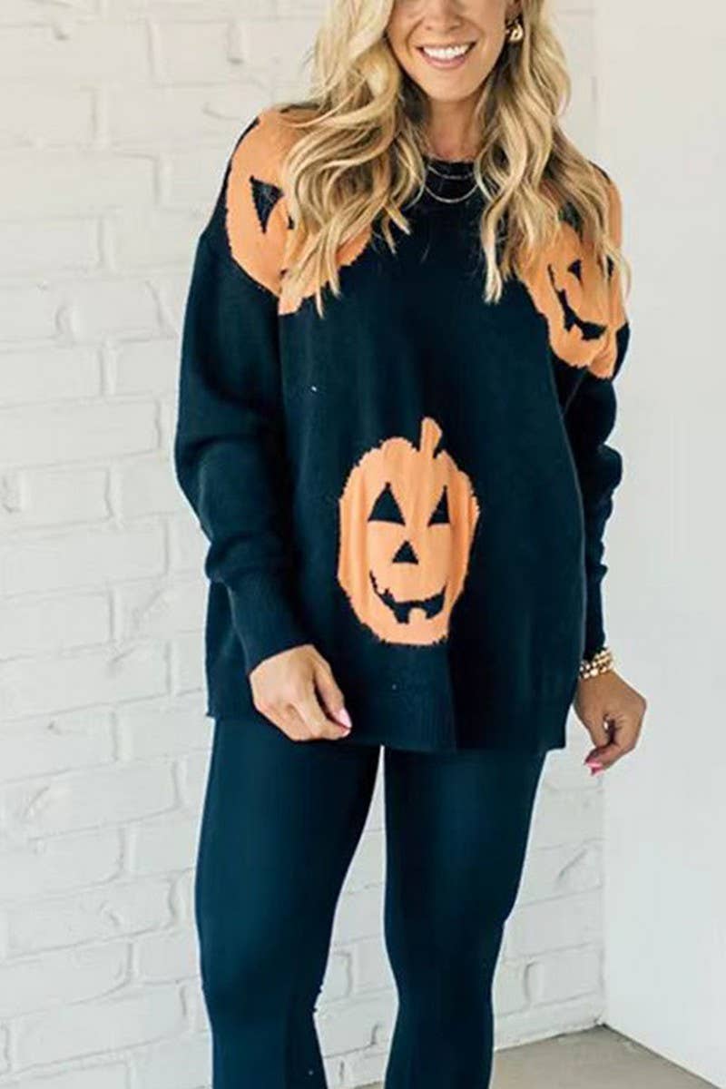 CWOSWL07655_HALLOWEEN PUMPKIN PRINT PULLOVER SWEATER