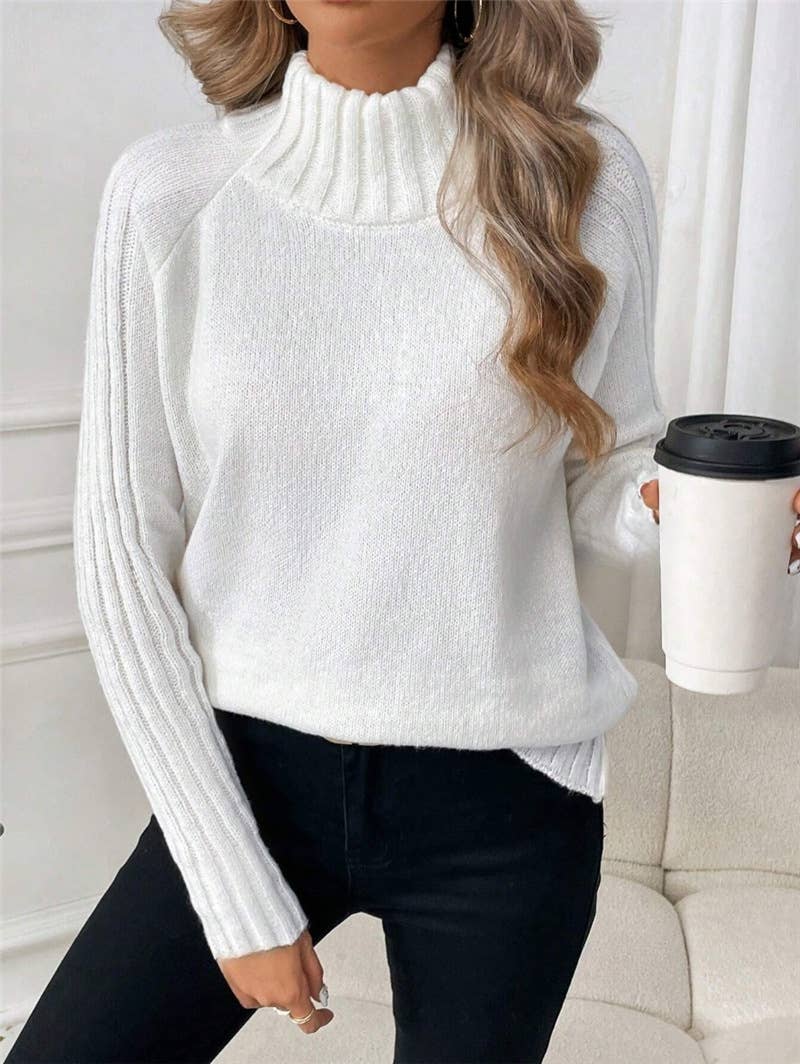 Solid-colored high-neck long-sleeved sweater