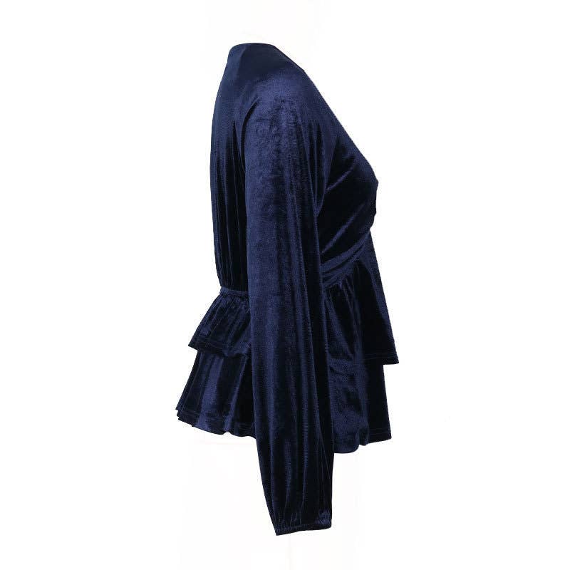 FASHION KINK SHIRT SOLID COLOR V-NECK VELVET TOP