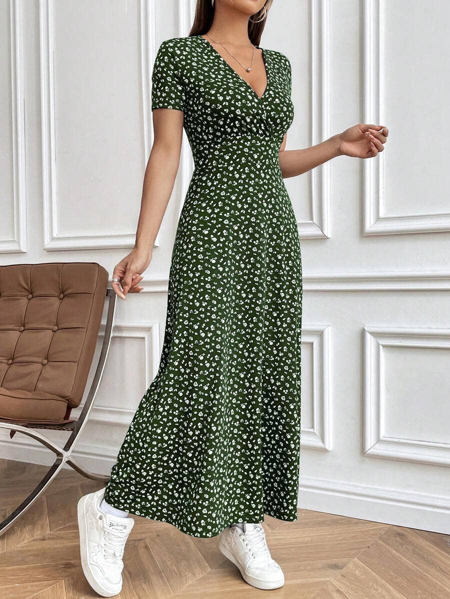 V-neck elegant cinched waist casual floral dress