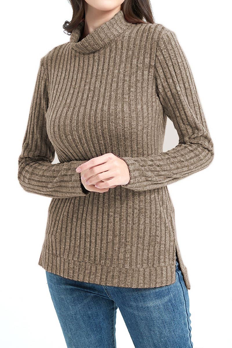Stylish pit striped turtleneck solid color knitwear