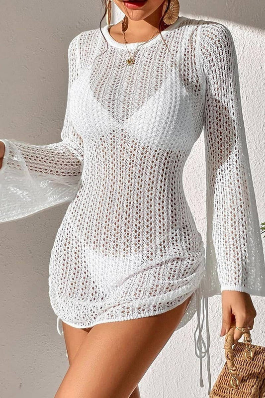 CWDSD6776_DRAWSTRING MID-WAIST CREW NECK LONG SLEEVE DRESS