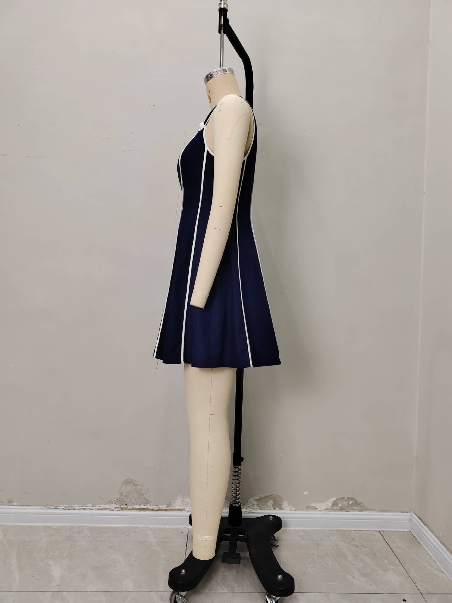 Simple blue and white lines short halter dress