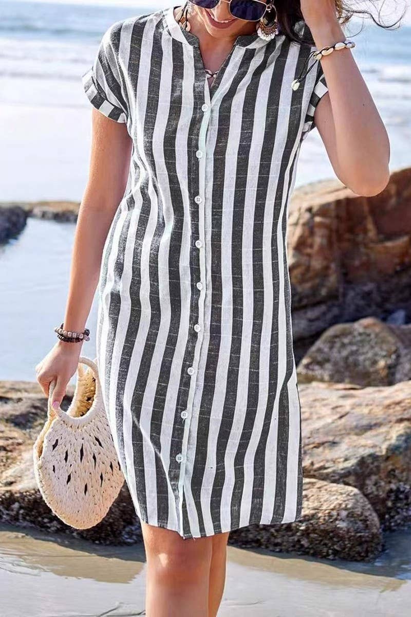 CWDMD5586_ELEGANT WOMEN'S STRIPED V NECK MIDI DRESS