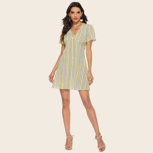 STRIPED V-NECK SHORT-SLEEVED SKIRT DRESS