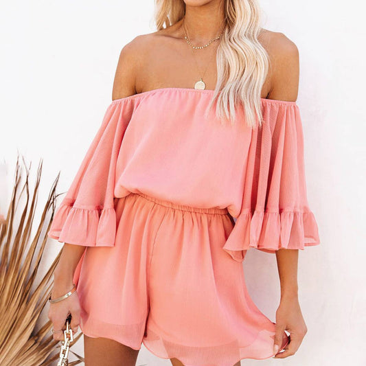 Patchwork short sleeve loose chiffon jumpsuit