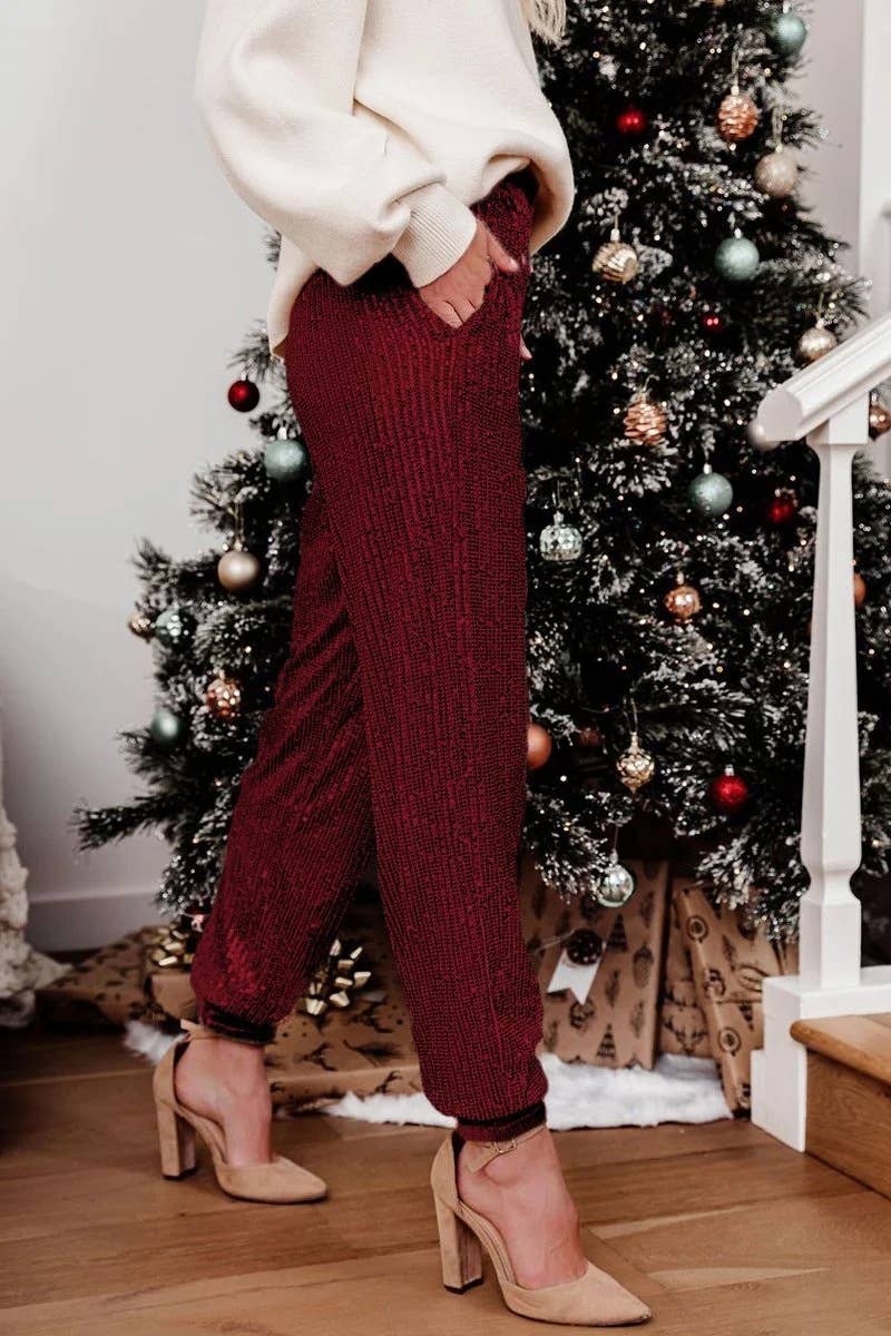 THIN ELASTIC LEG SEQUIN BASIC WOMEN'S PANTS