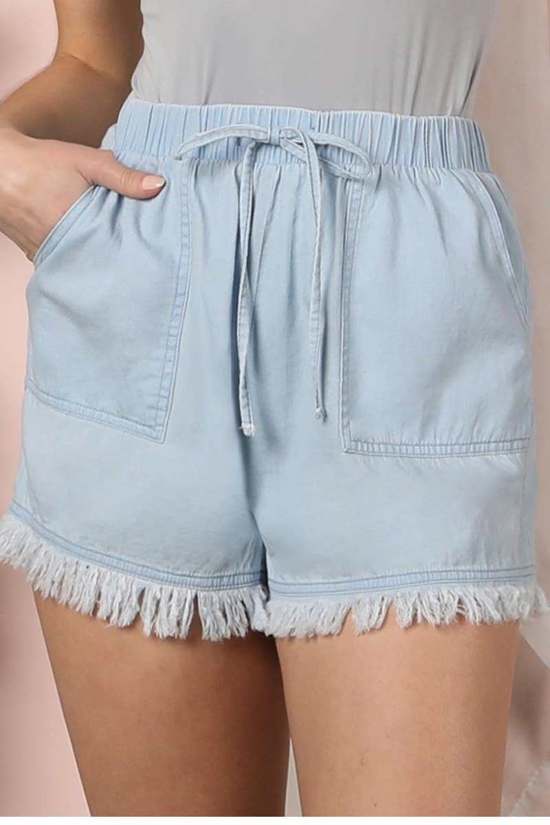 CWBSP134_FRINGE MINI HEM SHORTS WITH DRAWSTRING WAIST