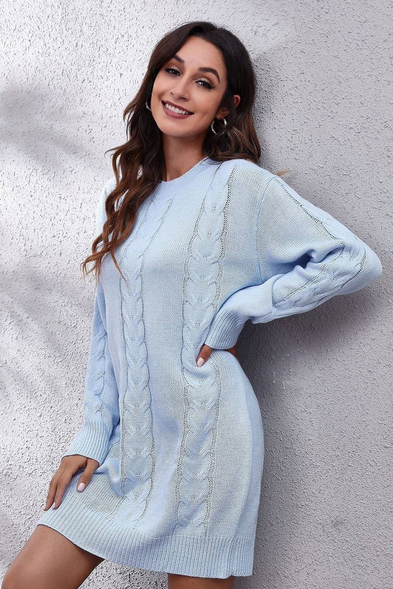 CWDSD7335_CASUAL LOOSE CABLE KNITTED LONG SLEEVE DRESS