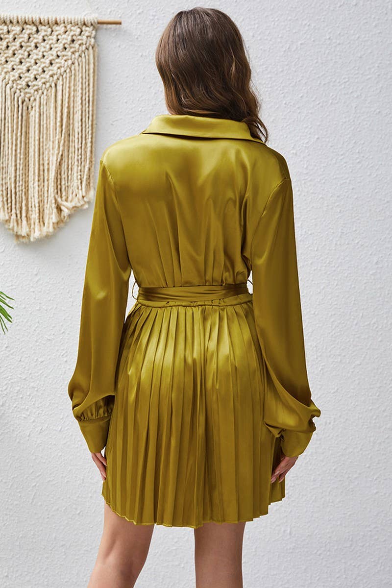 CWDSD10675_LONG SLEEVE POLO NECK BELTED PLEATED DRESS