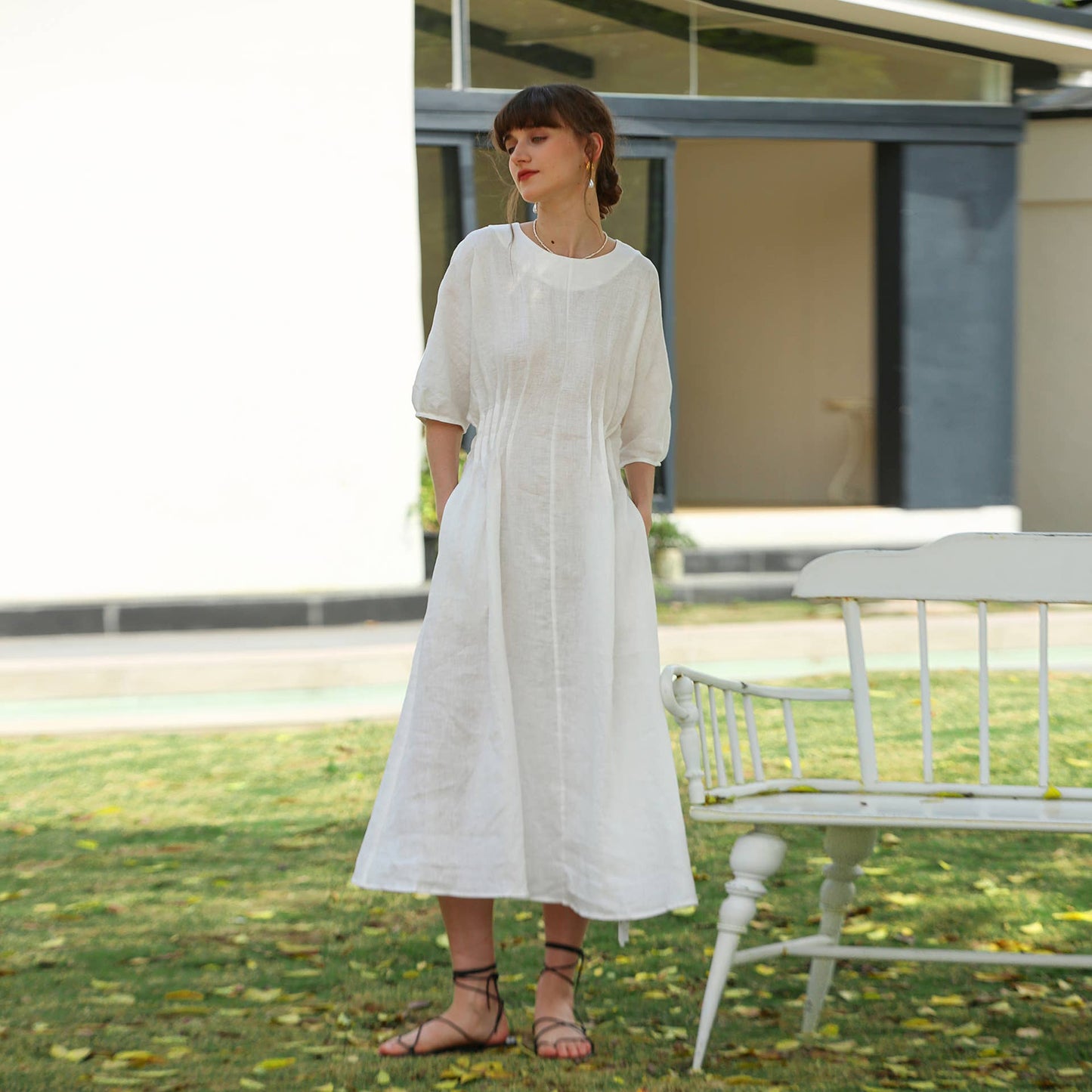 Temperament pleated solid color waist dress