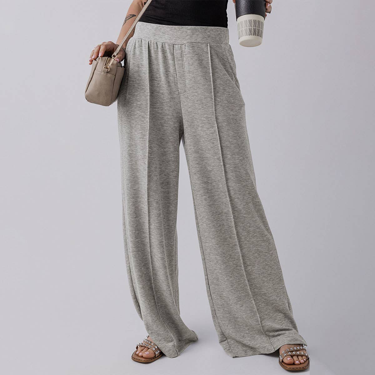 LOOSE SIMPLE HIGH-WAISTED WIDE-LEGGED TROUSERS