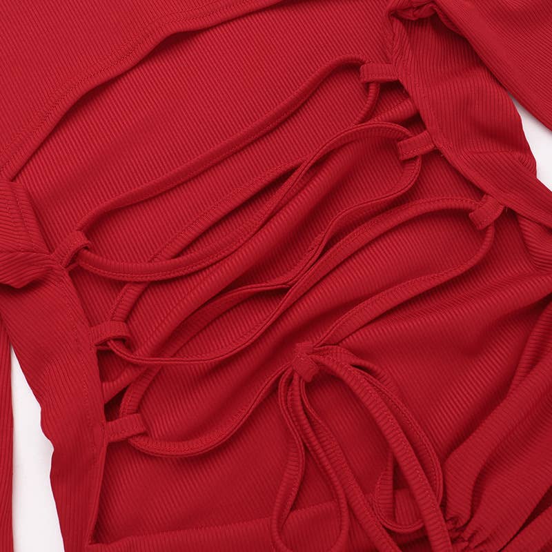 KNIT CREW NECK SPLIT LONG SLEEVE HALTER DRESS