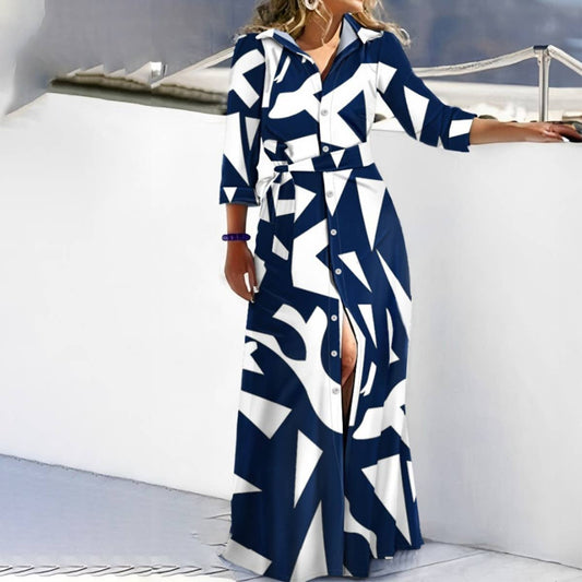 LONG SLEEVE PRINTED SHIRT-SKIRT LONG DRESS