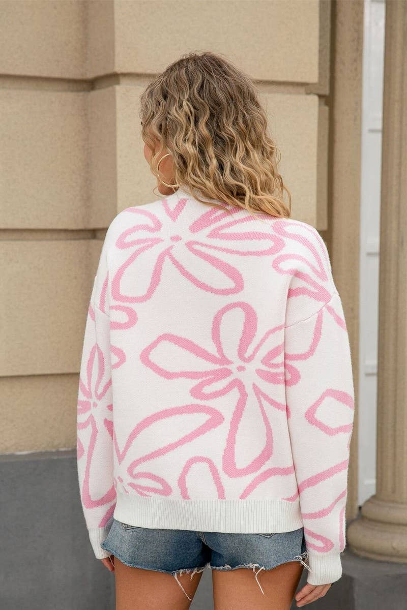 CWOSWL07602_FLORAL COLORBLOCK CREWNECK LOOSE KNIT SWEATER