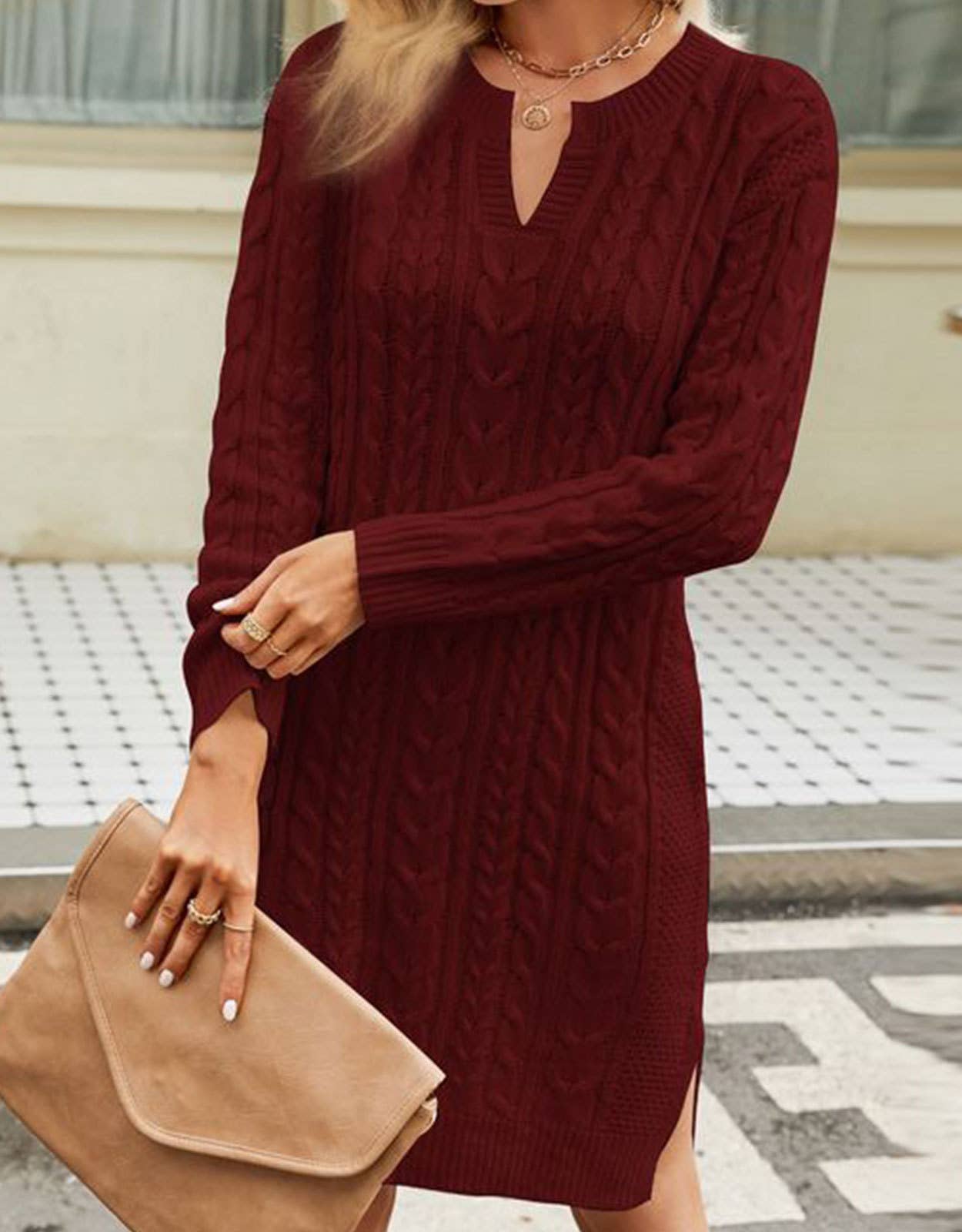 SOLID COLOR LOOSE FASHION V-NECK SWEATER DRESS