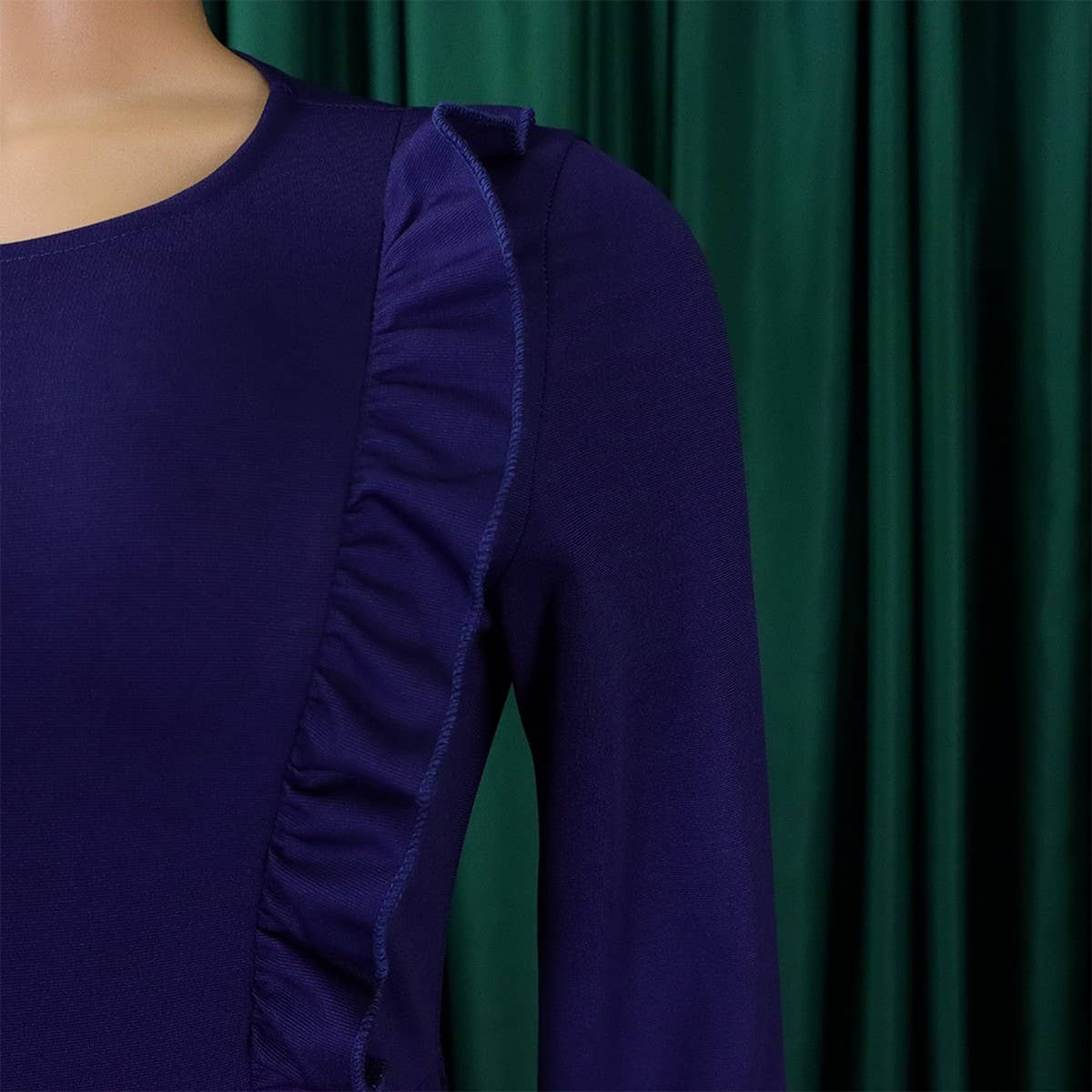 RUFFLE HEM SOLID COLOR ROUND NECK HIP DRESS