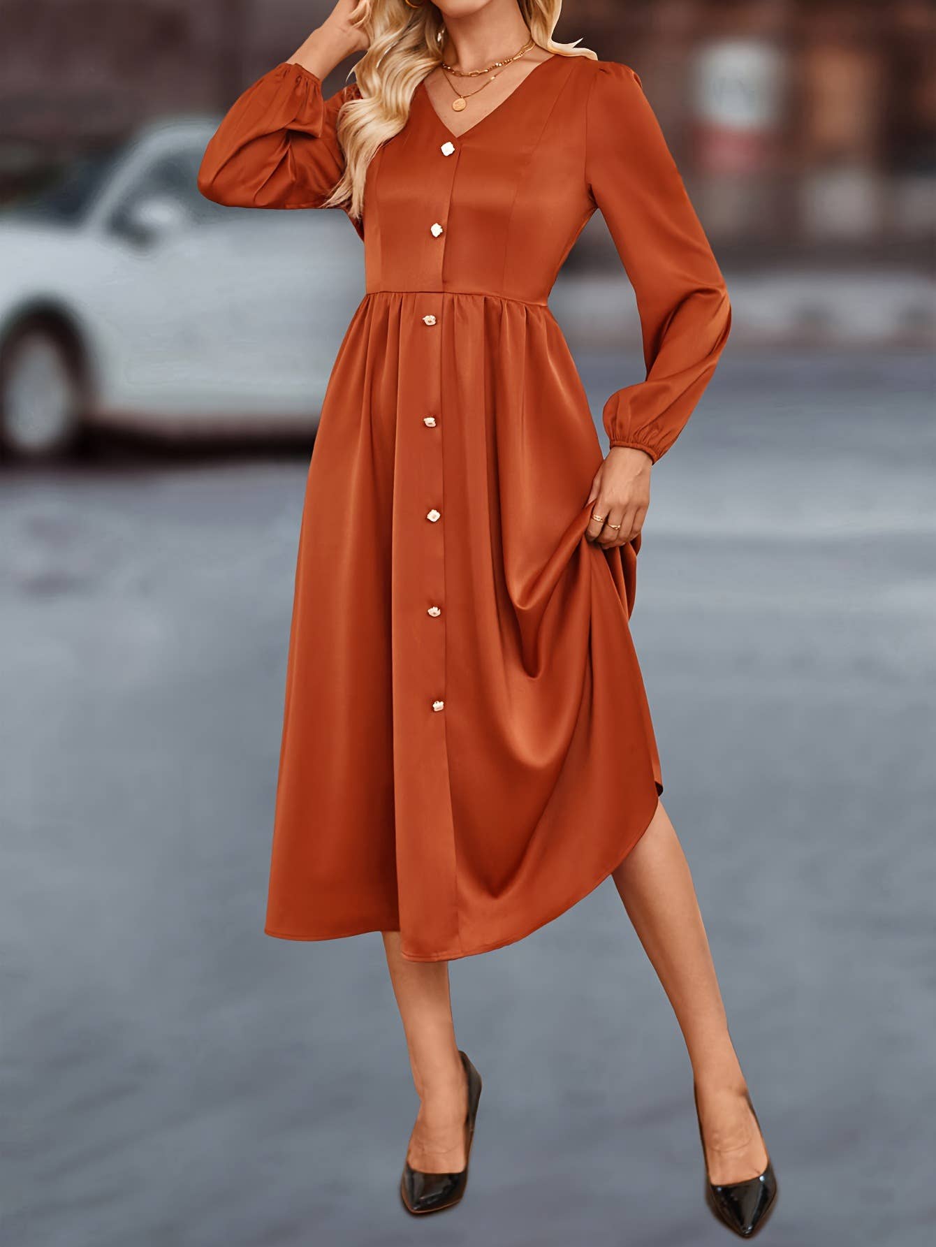 Single breasted solid color satin shirt dress