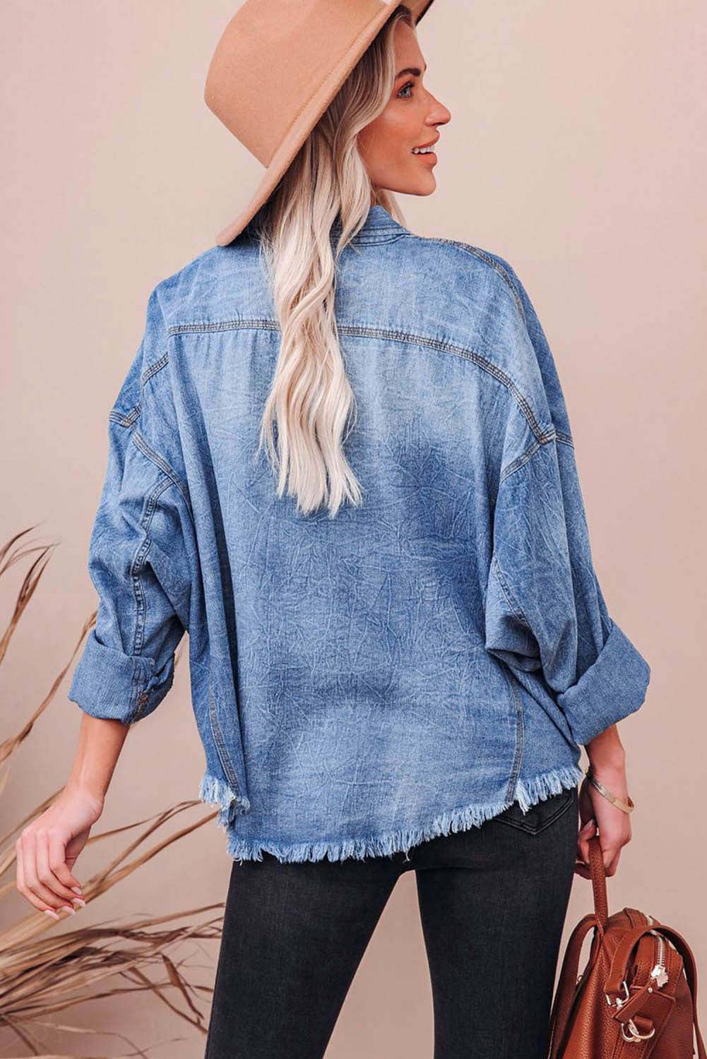 DROP SHOULDER VINTAGE DENIM SHIRT WITH OLD LAPELS