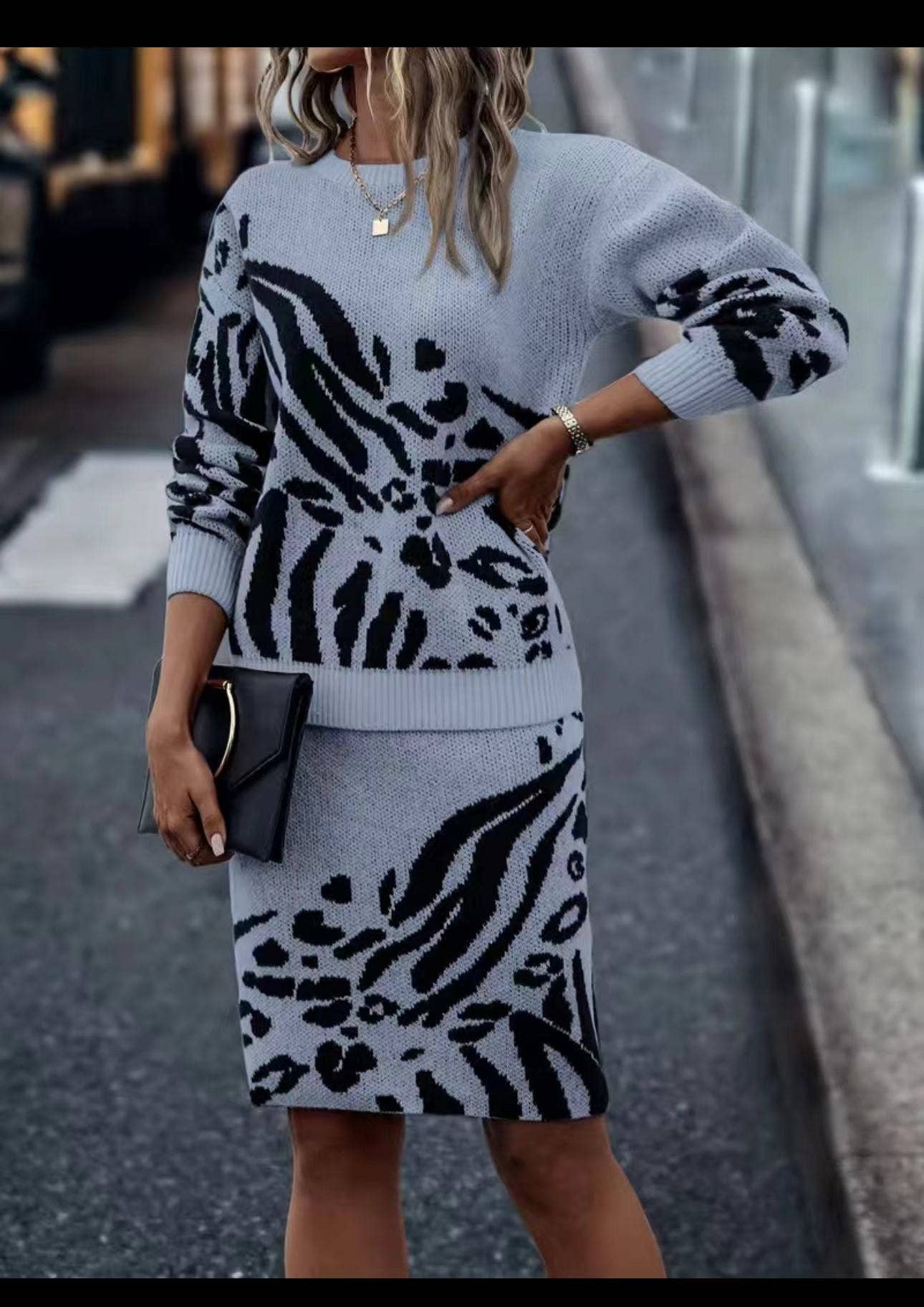 JACQUARD LONG-SLEEVED CREW-NECK SWEATER SET SKIRT