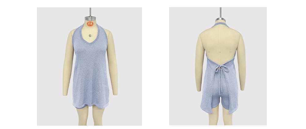 Knit Halter Backless Tie Two Piece Shorts Set