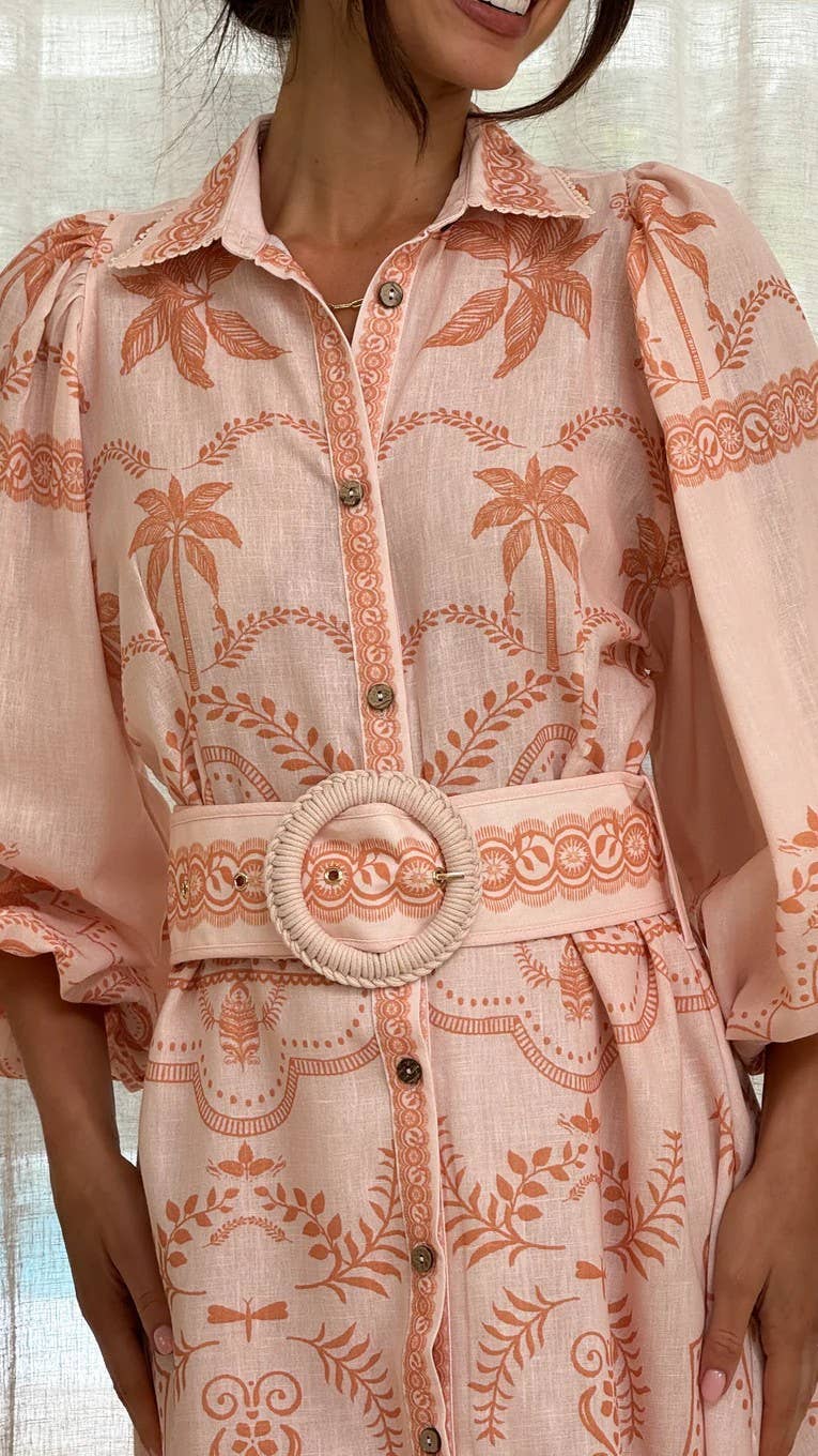 Loose belt cinched waist puffed sleeve dress