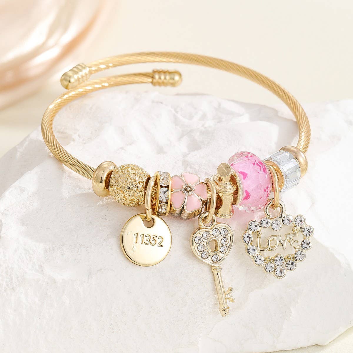 Open Gold Steel Bracelet with DIY Pendant Charm_CWMM8597