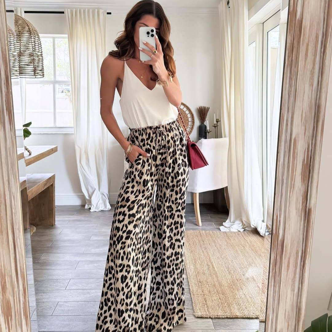 Leopard print wide leg casual straight leg pants