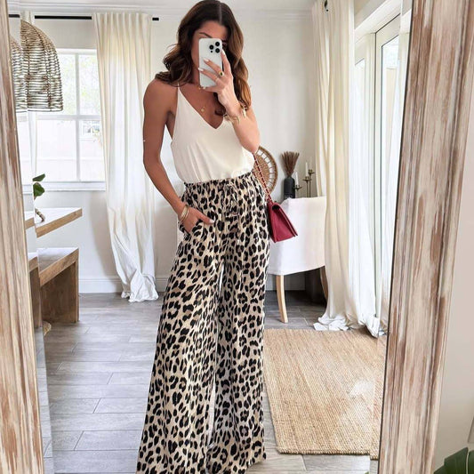 Leopard print wide leg casual straight leg pants