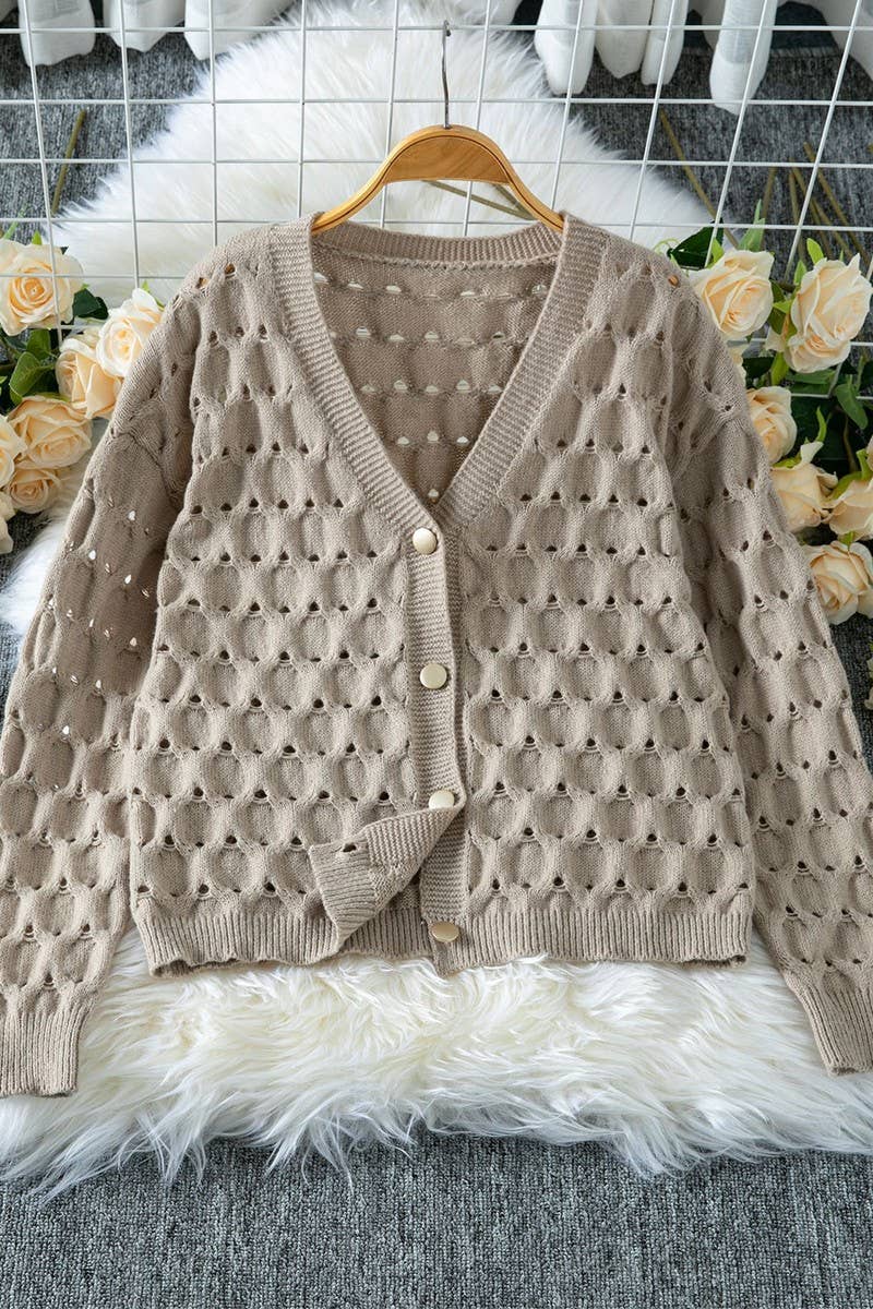 CWOCAL00707_LIGHTWEIGHT VINTAGE V NECK HOLLOW OUT CARDIGAN