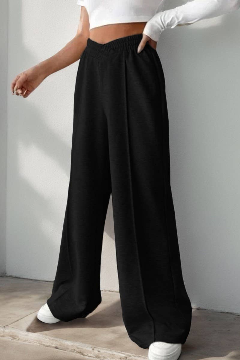 CWBLP1356_CASUAL ELASTIC V-NECK HIGH WAIST WIDE LEG PANTS