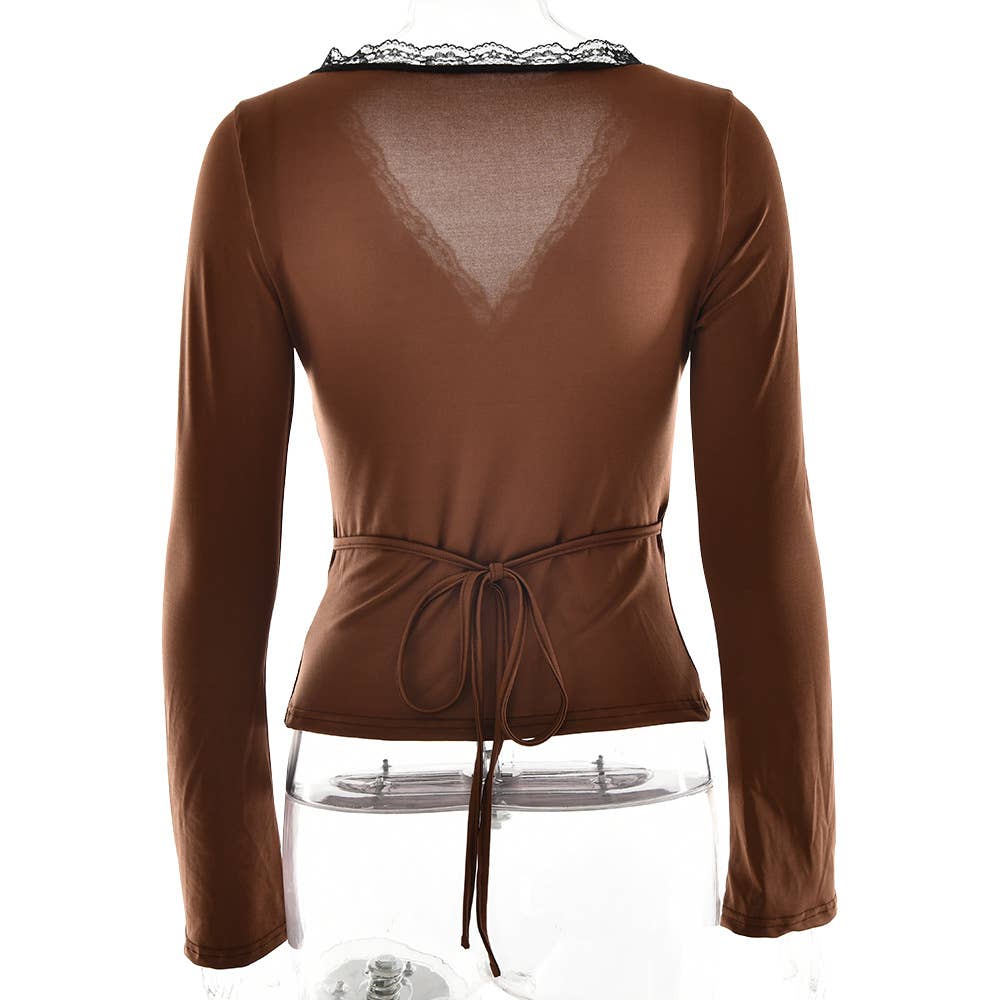 V-neck lace-trimmed bow sexy slimming T-shirt