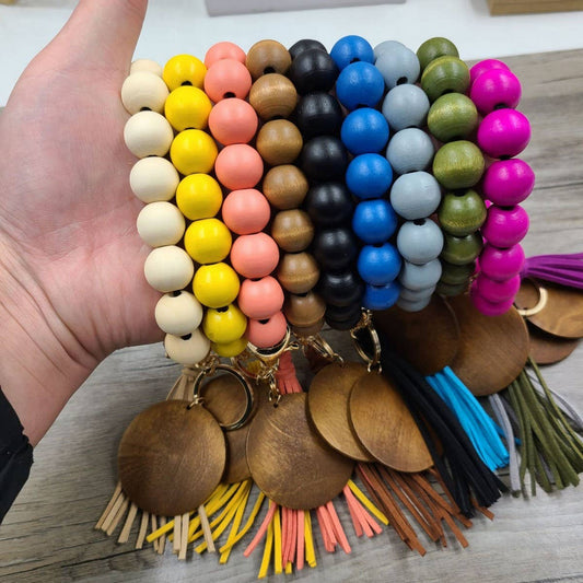 MULTI COLORED WOODEN BEAD BRACELET KEYCHAIN