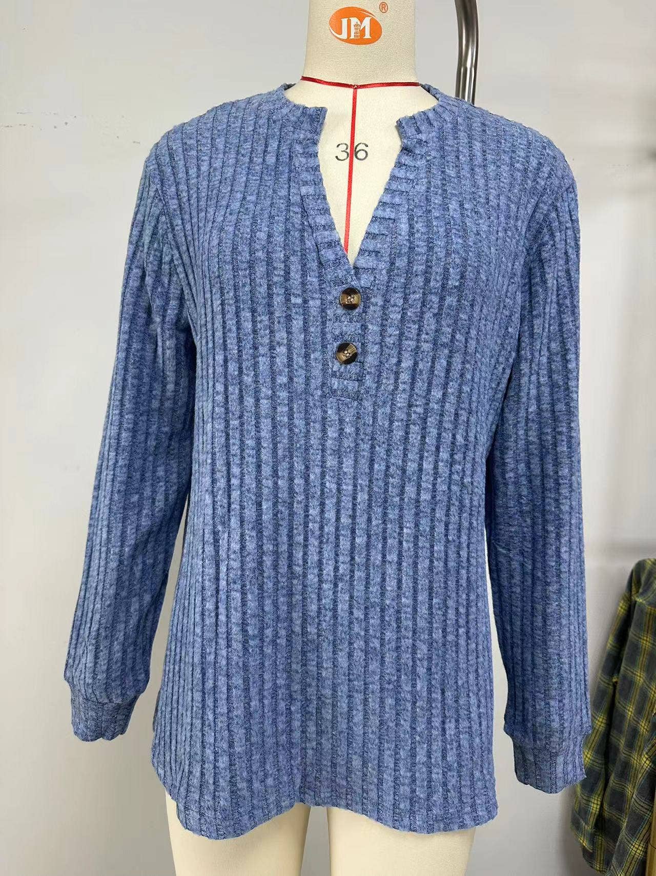 V-NECK BUTTON-DOWN LONG SLEEVED LOOSE T-SHIRT